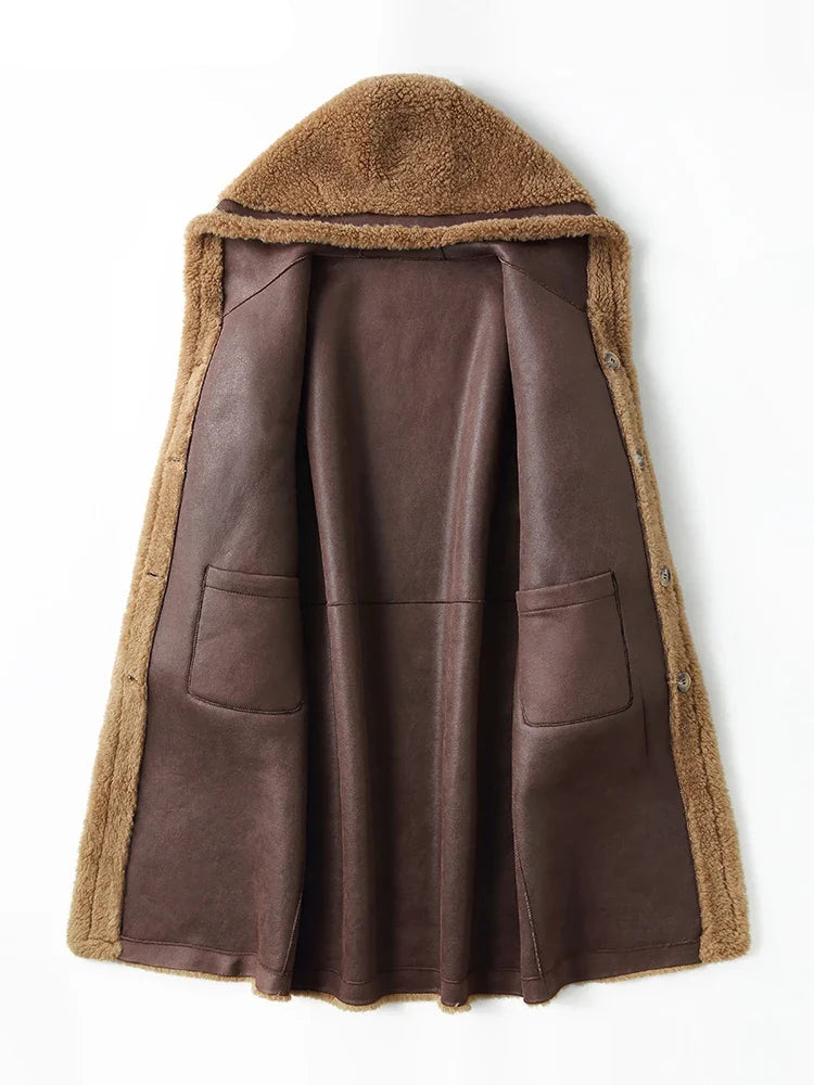 Lange dames teddyjas met capuchon, zachte winterjas in bruin