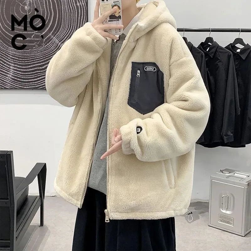 Unisex Teddyfleece Jacke mit Kapuze und Brusttasche Grau Reißverschluss