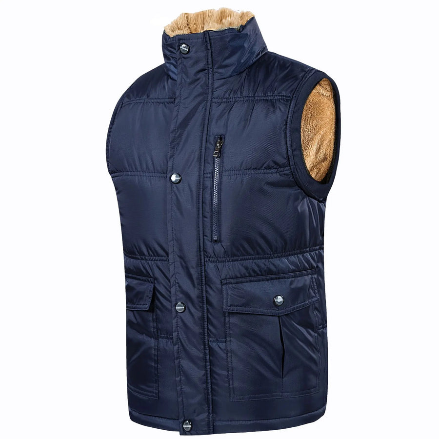 Herenbodywarmer met pluche voering, knoopsluiting en V-hals, olijfgroen