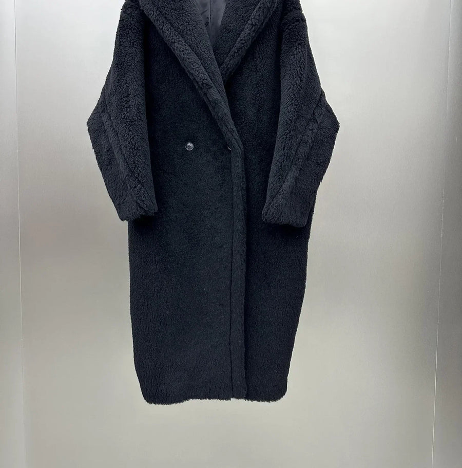Damen Teddyfell Mantel mit Kapuze und Handschuhen, mittellang, Winter