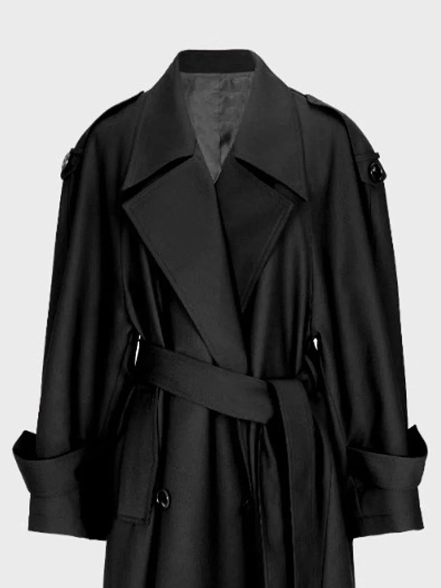 Damen Trenchcoat Lang Gürtel Zweireihig Dunkelviolett