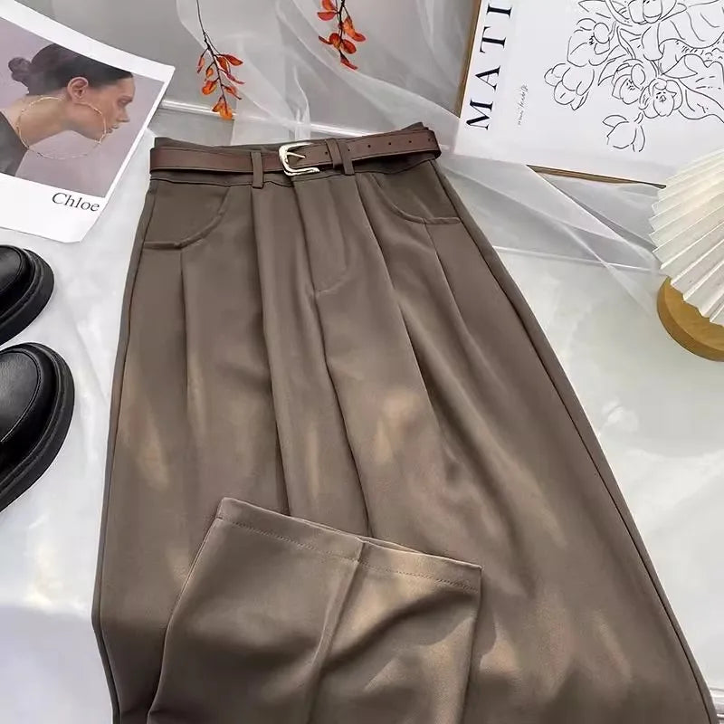Damen Weite Hose mit Gürtel Bundfalten Elegante Freizeithose