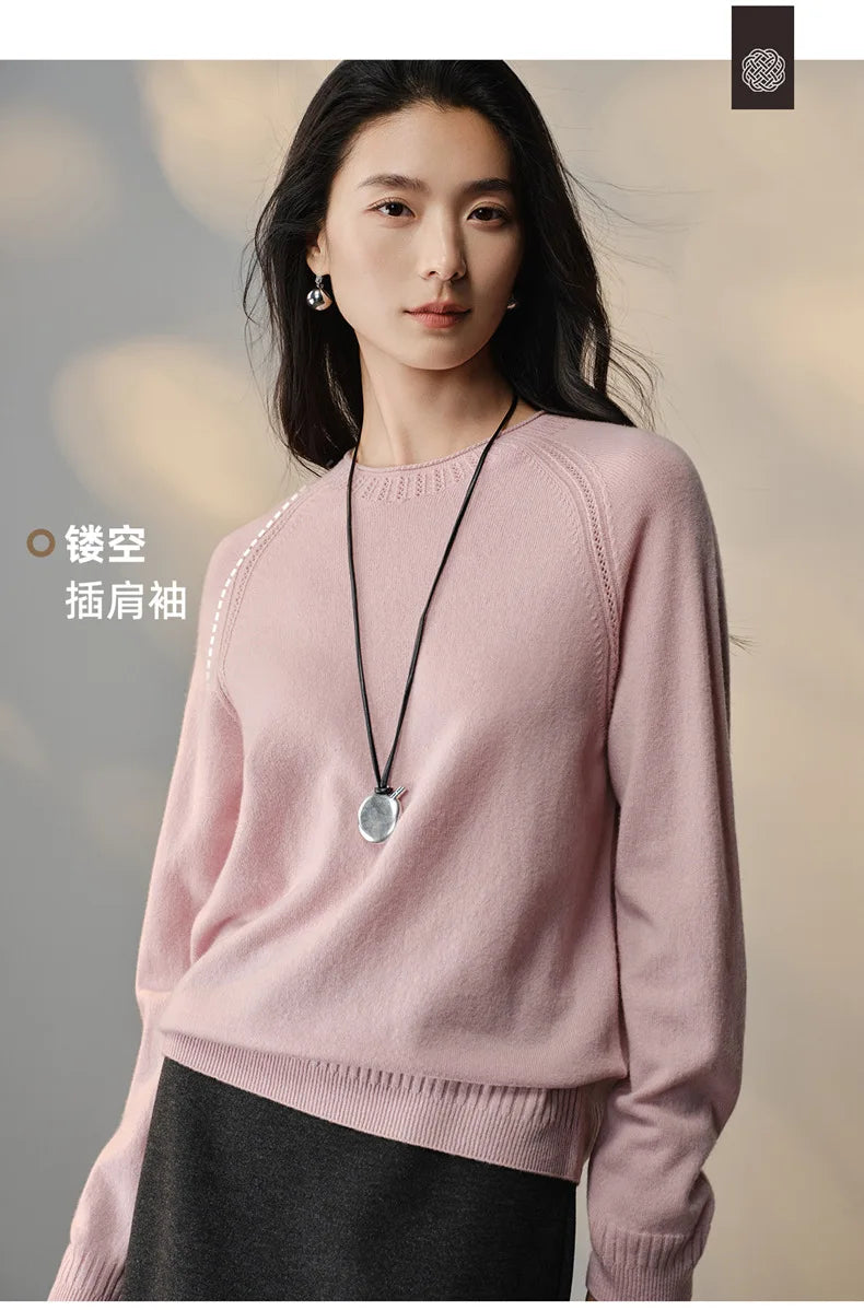 Damen Rundhals Pullover Rosa Raglanärmel Strickdetails