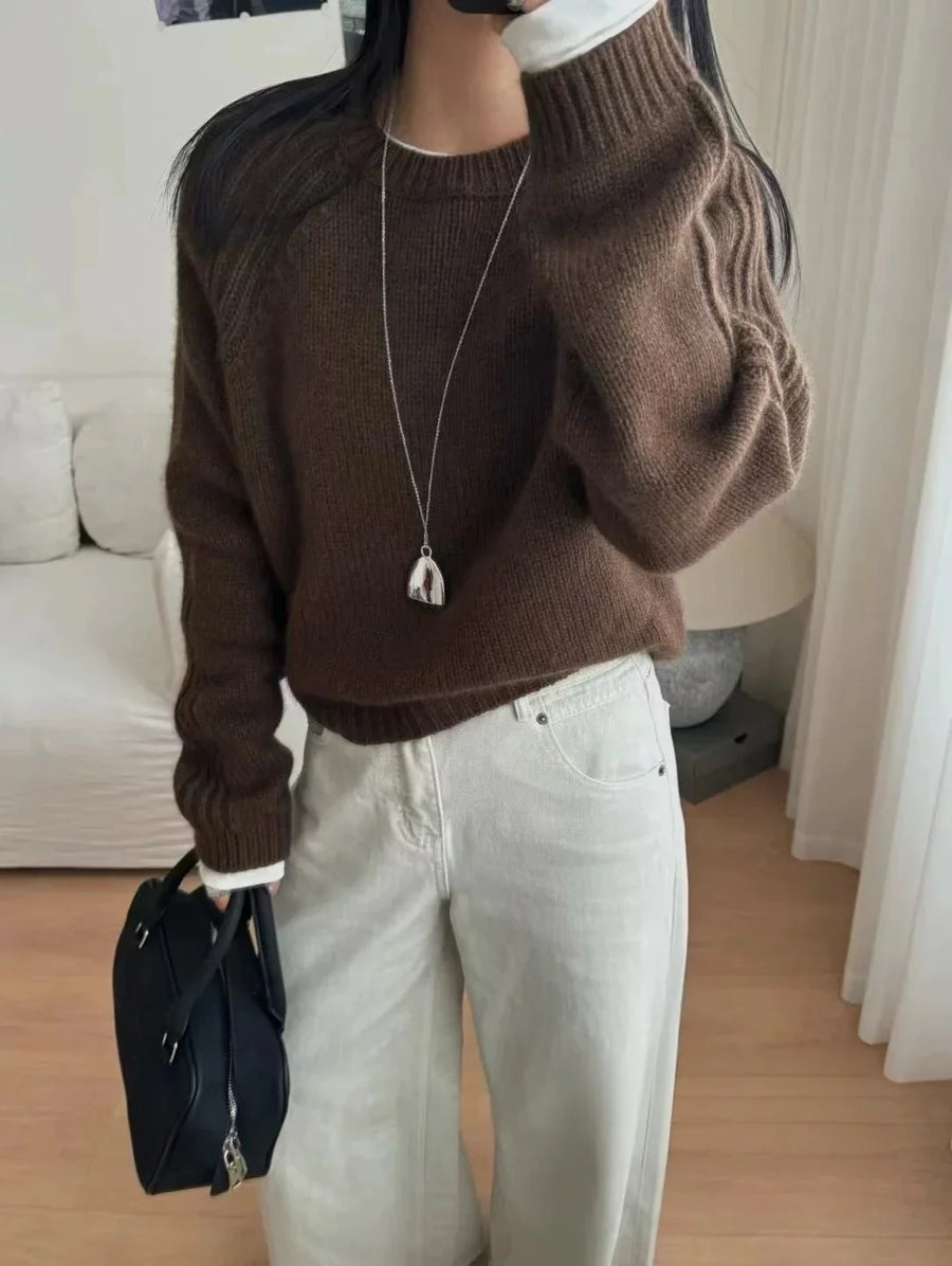 Damen Strickpullover Oversize Rundhals Gerippte Ärmel