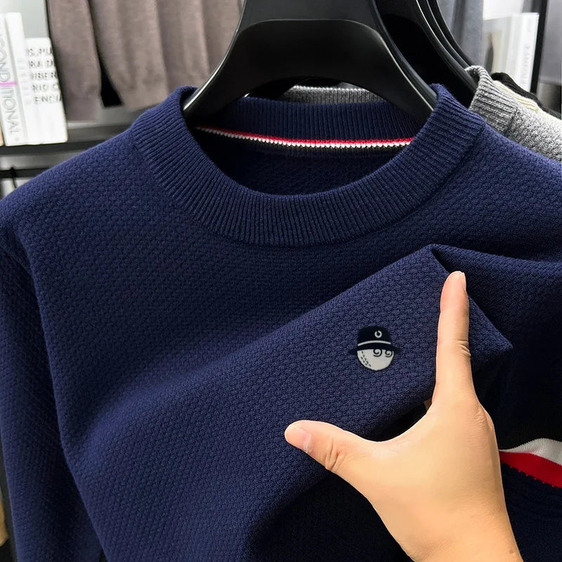 Heren pullover met lange mouwen, ronde hals, fijngebreid, ribboorden, borduursel