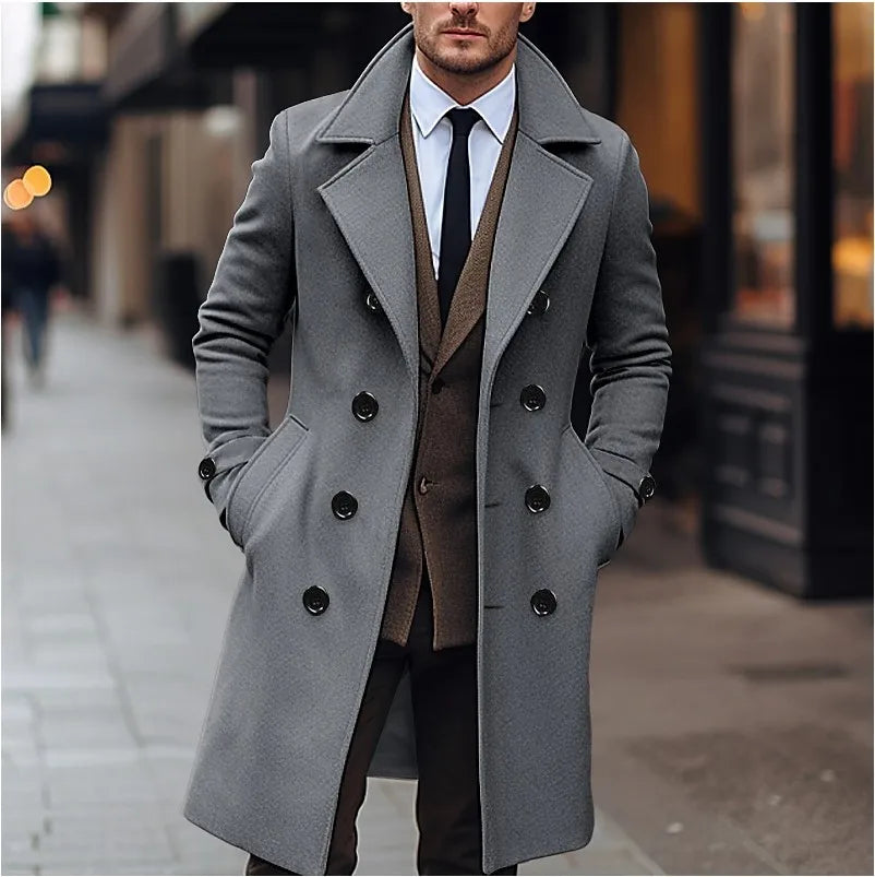 Herren Mantel Lang Zweireiher Dunkelgrau Herbst Winter Überzieher