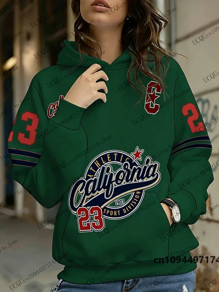 Dameshoodie met "California Athletic"-print en cijfers, lange mouwen, capuchon