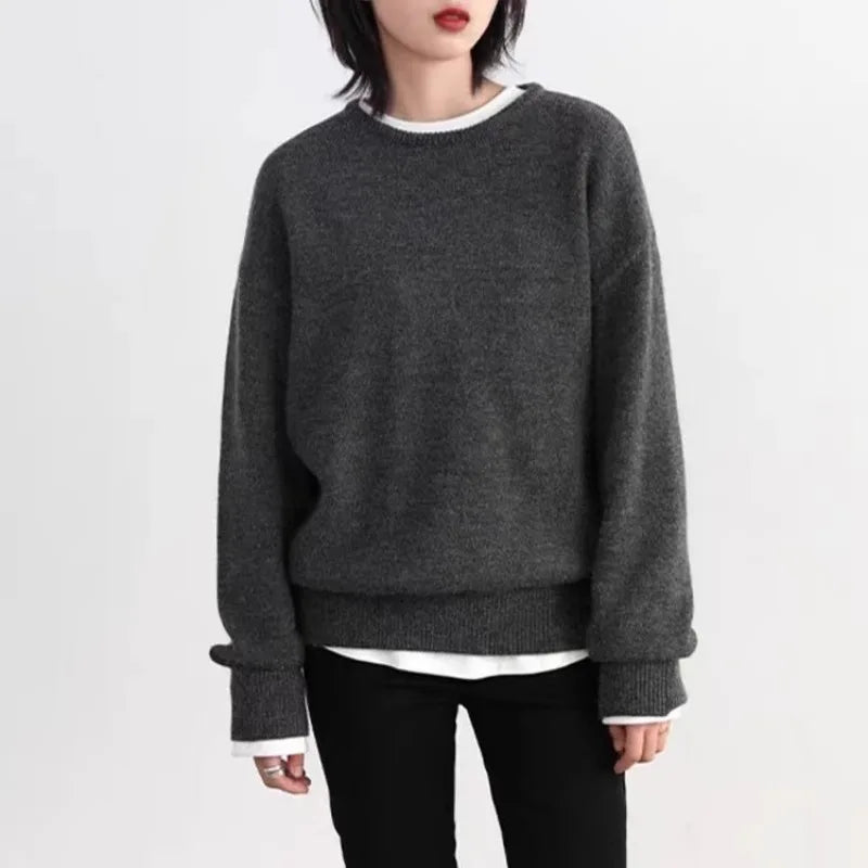 Grauer Damen Rundhals-Pullover mit langen Ärmeln
