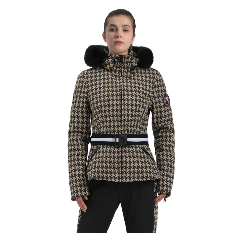 Damen Skijacke mit Hahnentrittmuster Gürtel und Kunstfellkapuze