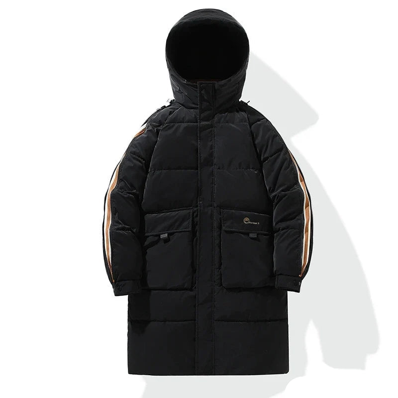 Herren Winterjacke Lang Schwarz Gesteppt mit Kapuze und Reißverschluss