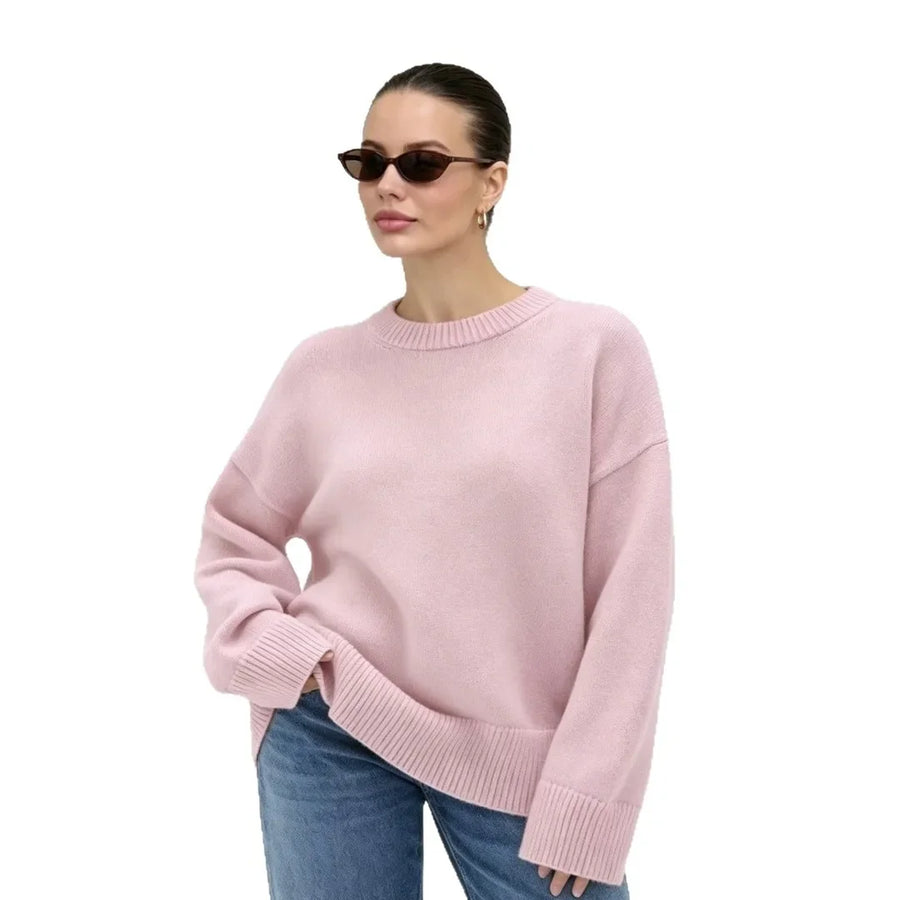Oversized damestrui met ronde hals, lange mouwen, gebreide trui, groen