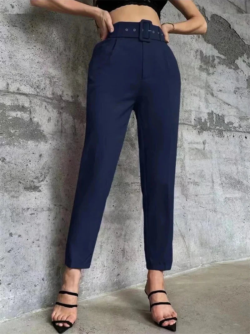 Damen Stoffhose High Waist mit Gürtel Elegante Hose mit geradem Bein
