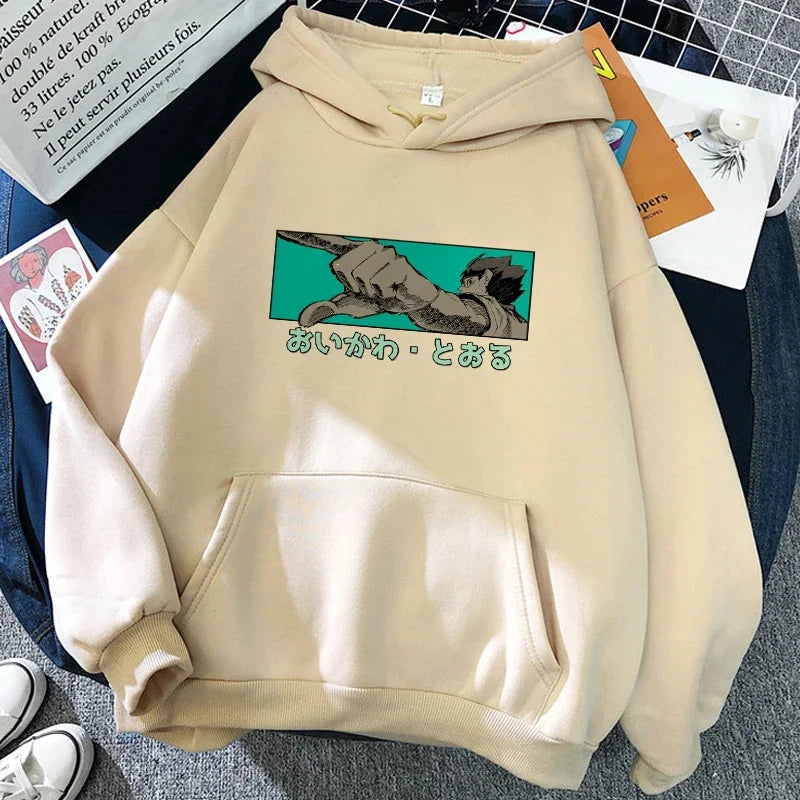 Hoodie met capuchon en anime-motief van de Karasuno Volleyball Club, beige