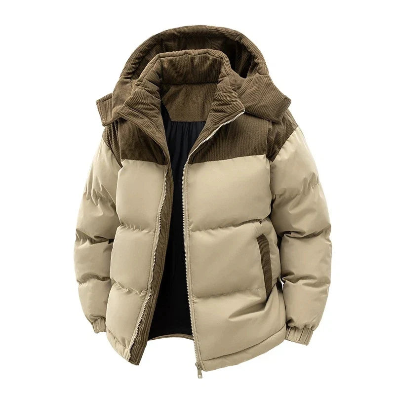 Winter Steppjacke mit Kapuze Zweifarbig Cord-Detail Gepolsterte Outdoor-Jacke