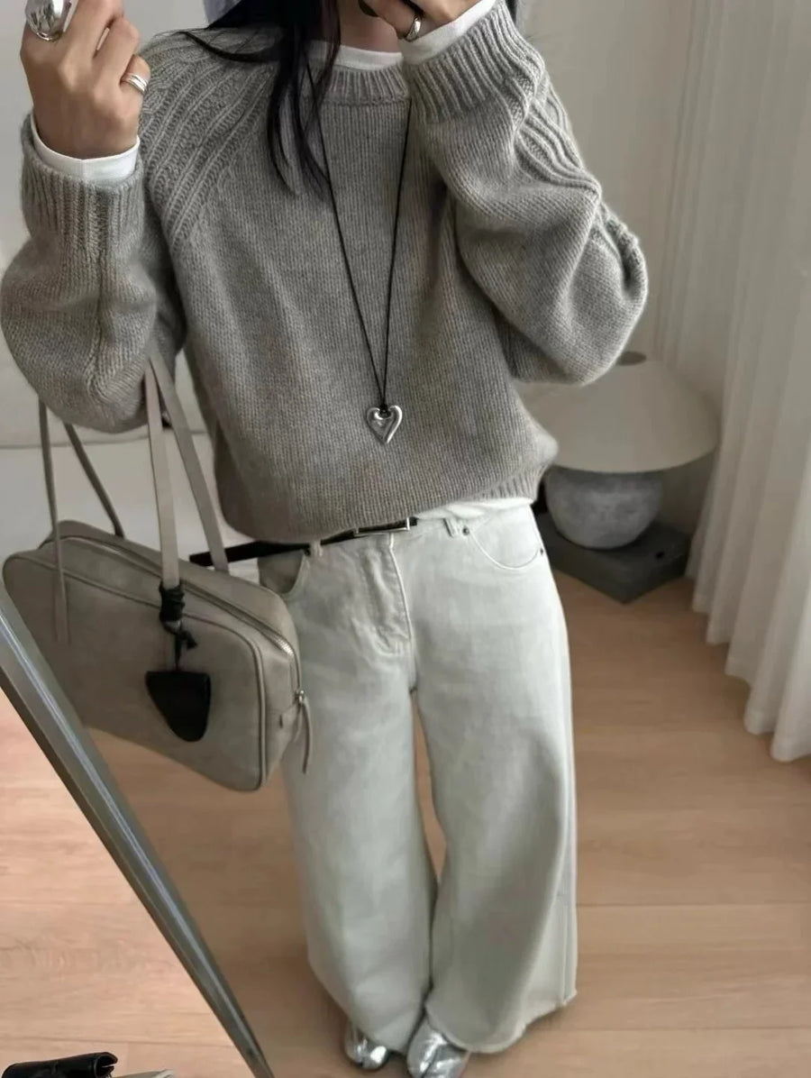 Damen Strickpullover Oversize Rundhals Gerippte Ärmel