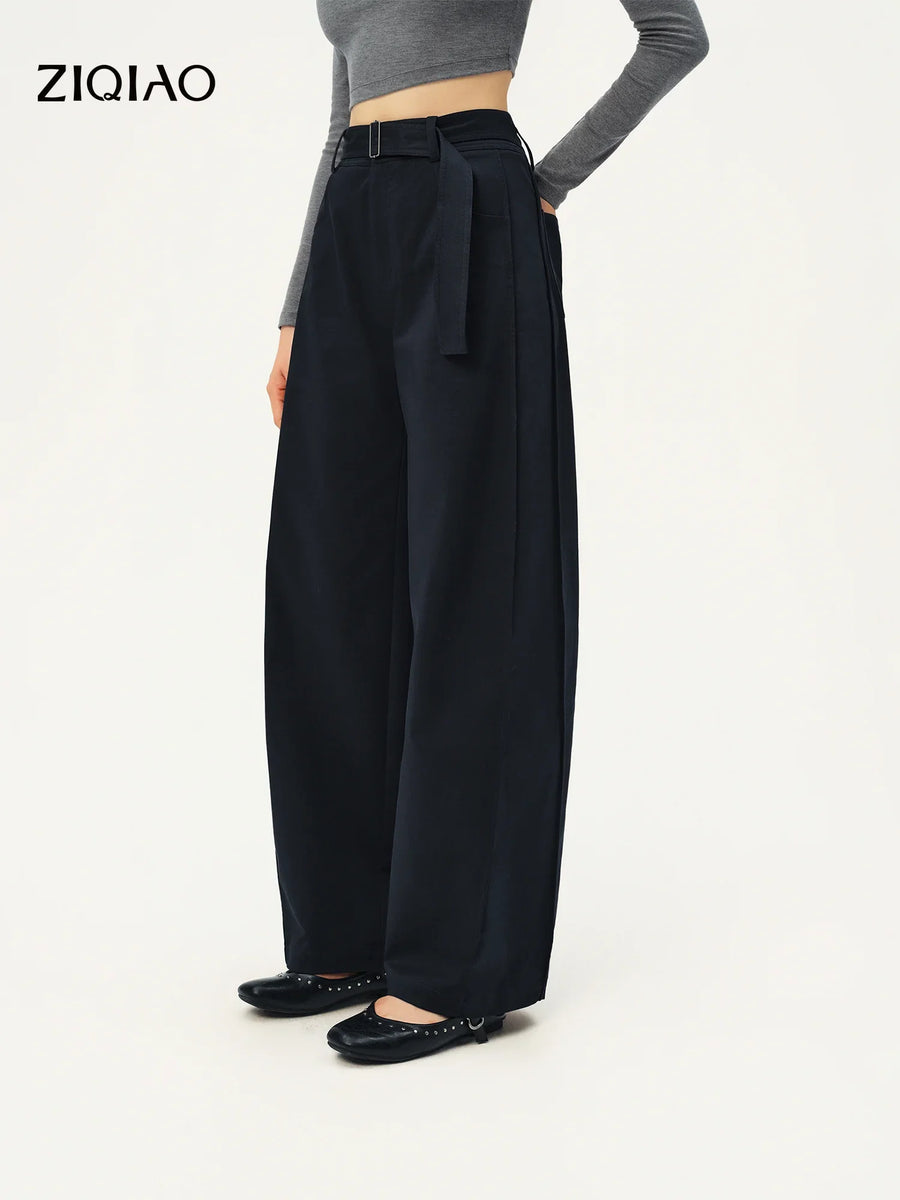 Wijde damesbroek met high waist en riem in donkerblauw