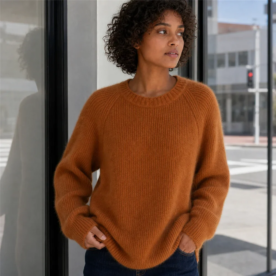 Damestrui met ronde hals, wijde pasvorm, ribgebreide look en lange mouwen