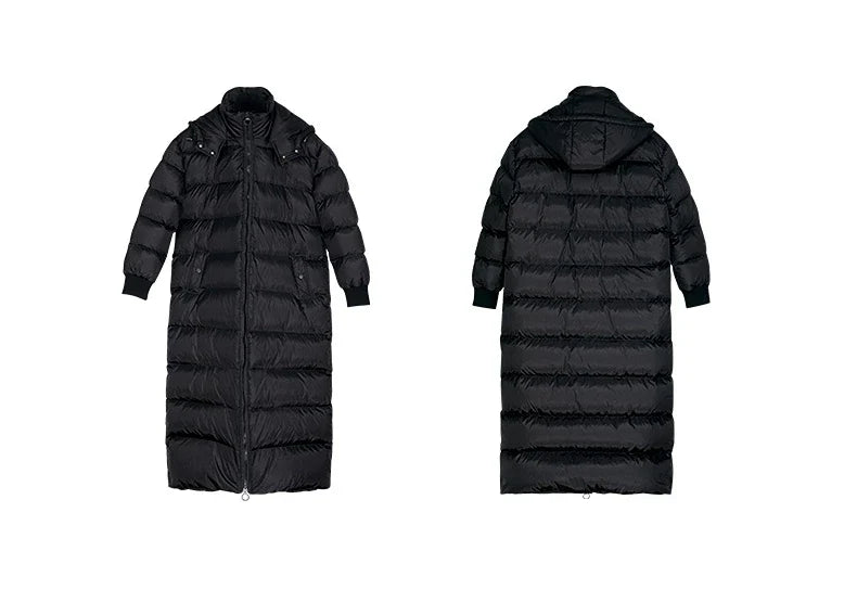 Langer Schwarzer Herren Steppmantel Winter Steppjacke mit Kapuze