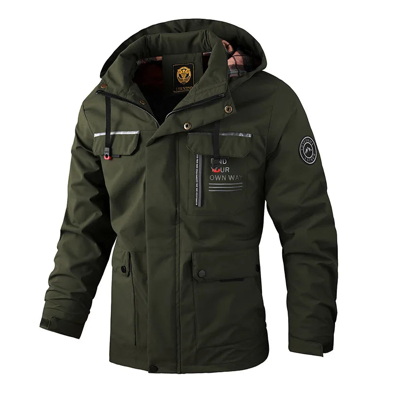 Herren Outdoor Jacke mit Kapuze & Reißverschluss, Winddichte Übergangsjacke mit Taschen