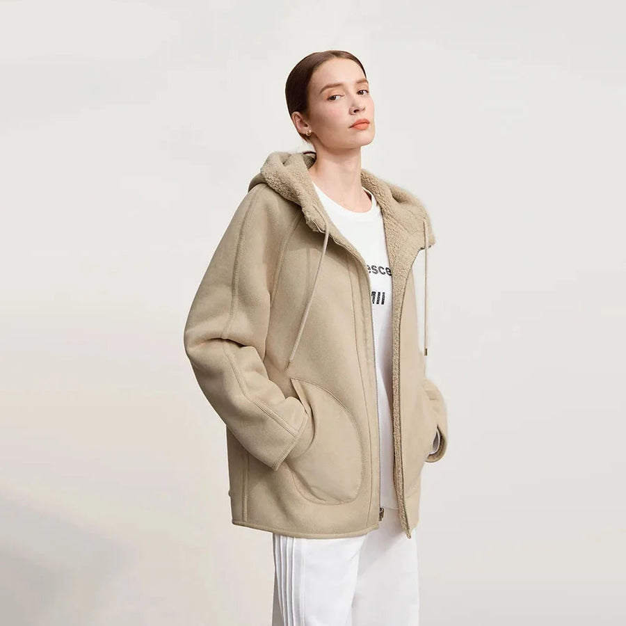 Beige damesjas met teddyfleece en capuchon, jas voor het tussenseizoen