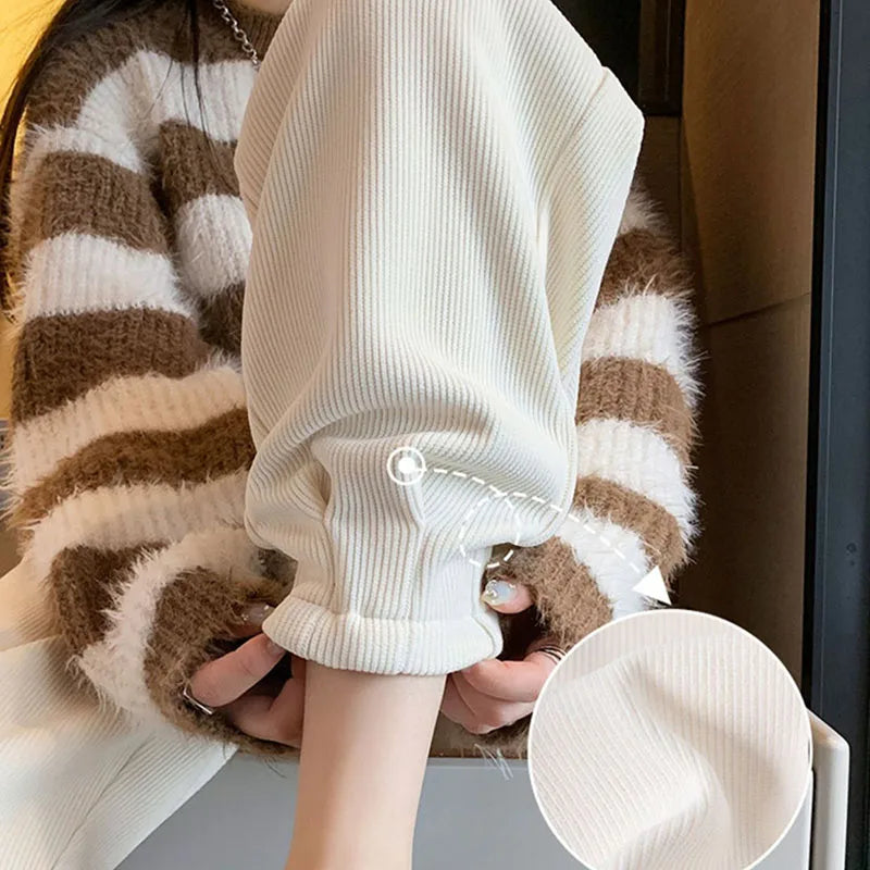 Uniseks corduroy winterbroek, comfortabel, gevoerd, warme vrijetijdsbroek, crème