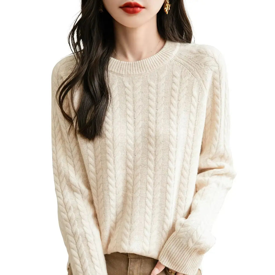 Damen Pullover Zopfmuster Rundhals Langarm Strickpullover