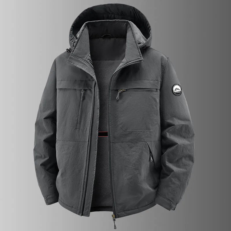 Herren Outdoor Jacke mit Kapuze & Reißverschluss, Mehrere Taschen, Fleece-Futter, Warm