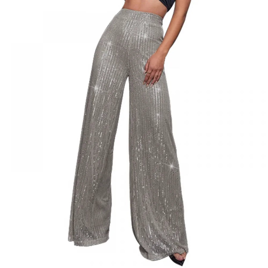 Damen Pailletten Schlaghose Hoher Bund Weites Bein Glitzernde Partyhose