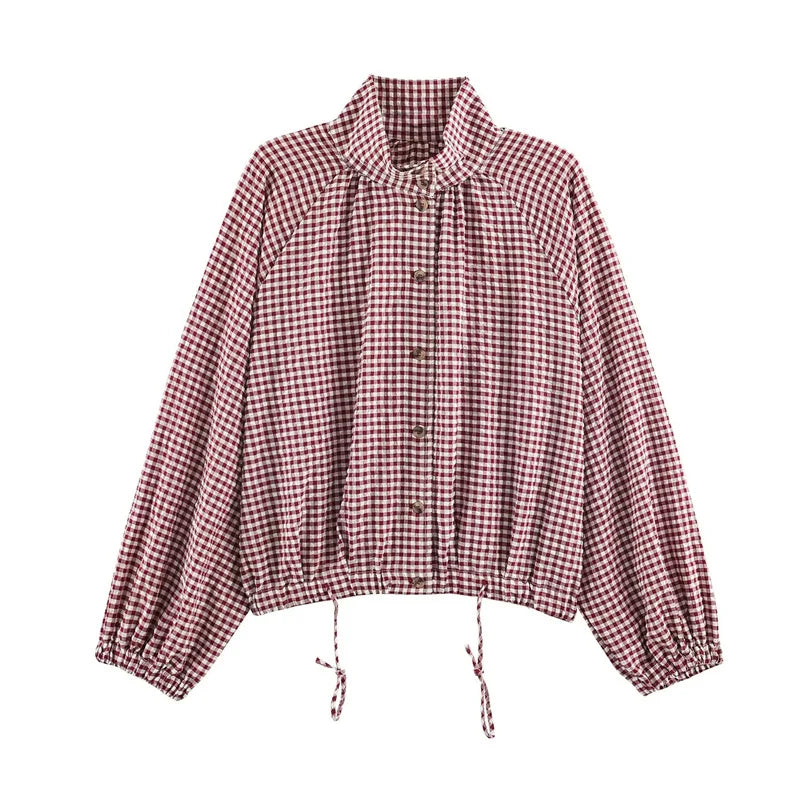 Damen Bluse Gingham Karomuster Stehkragen Langarm