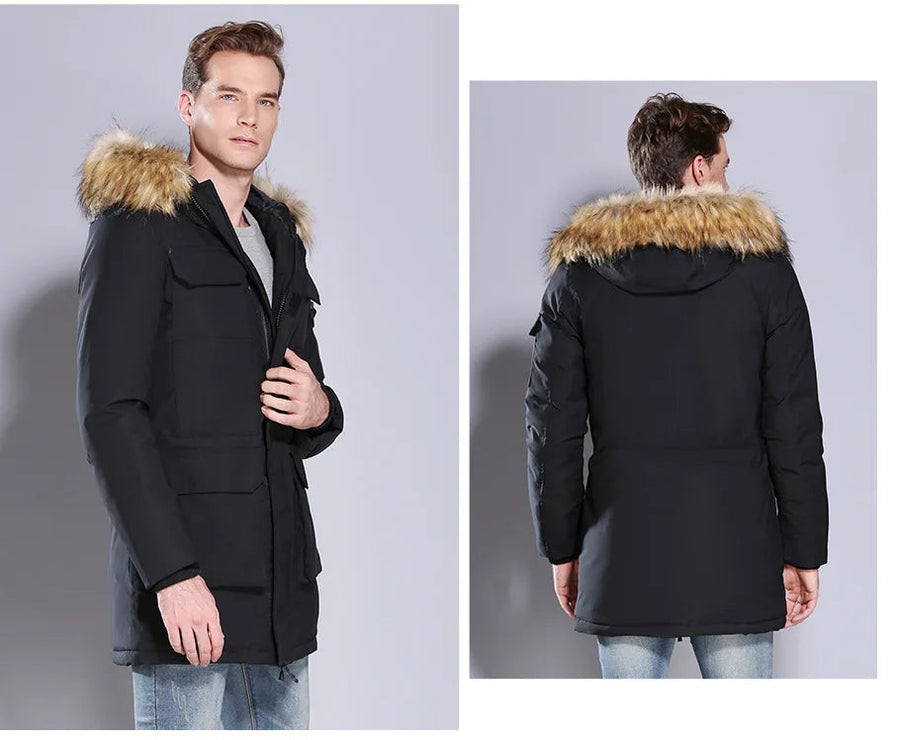 Zwarte winterparka voor heren met capuchon en imitatiebontgarnering