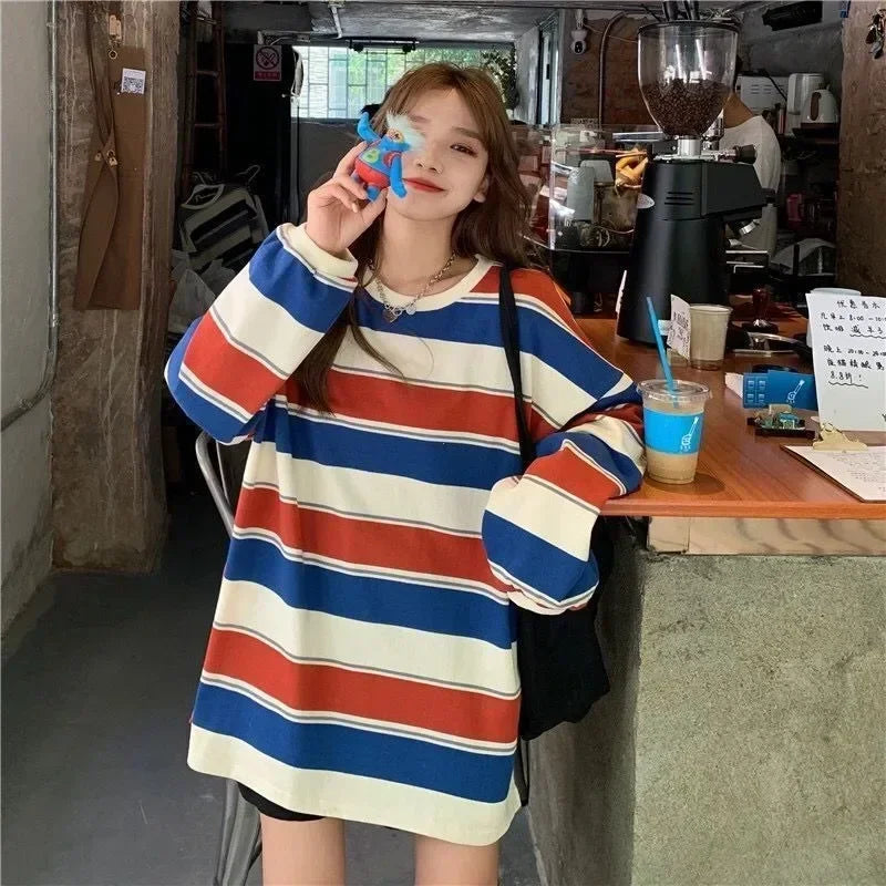 Gestreept damesshirt met lange mouwen, oversized, ronde hals, casual top