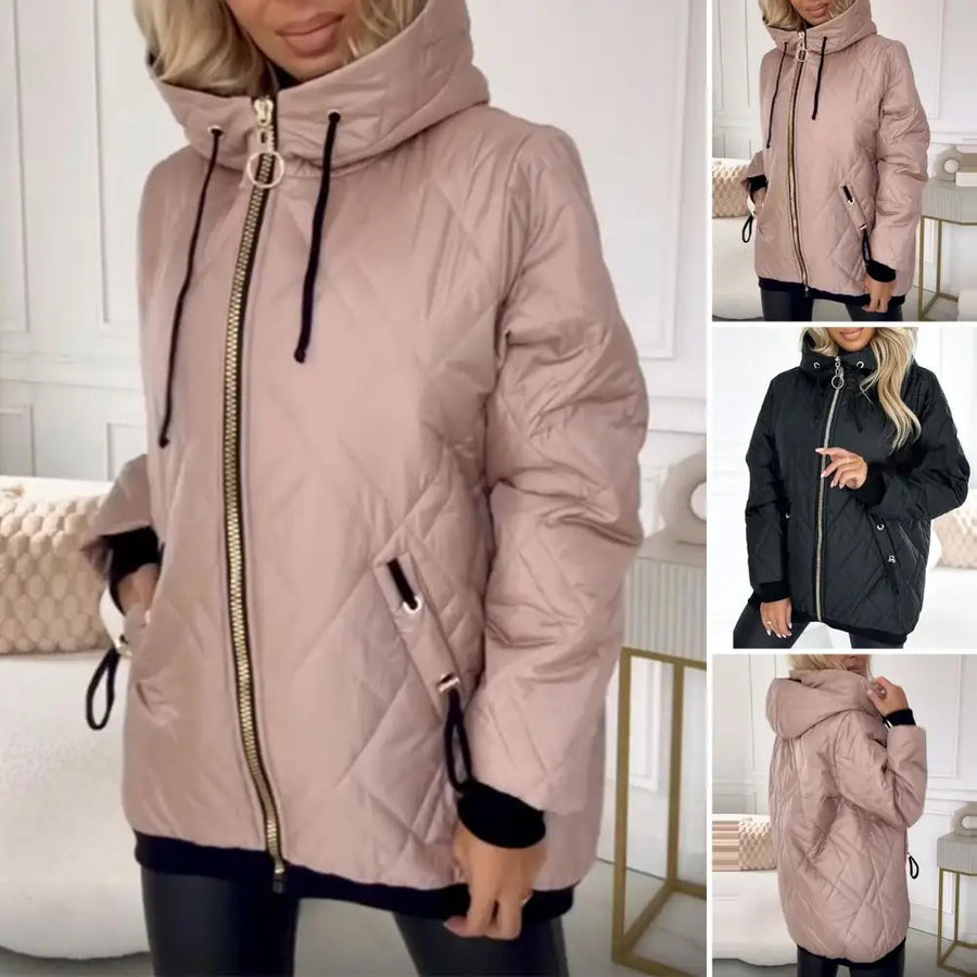 Damen Steppjacke mit Kapuze und Reißverschluss, Schwarz oder Rosa