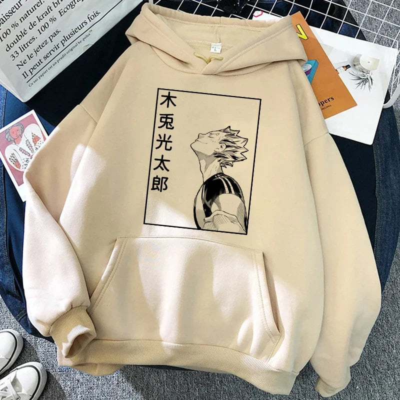 Hoodie met capuchon en anime-motief van de Karasuno Volleyball Club, beige