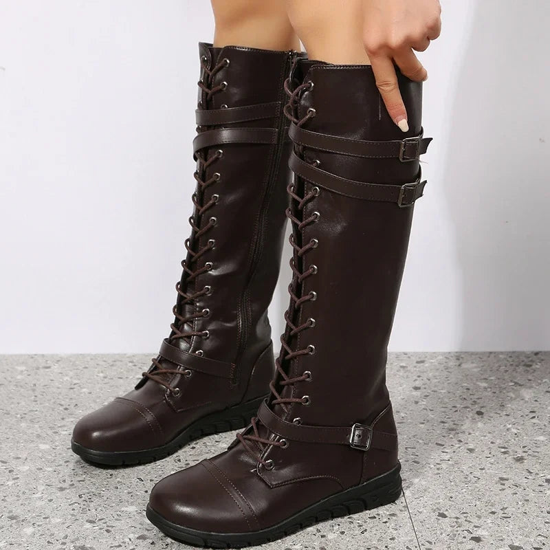 Damen Kniehohe Schnürstiefel mit Schnallen Flacher Absatz