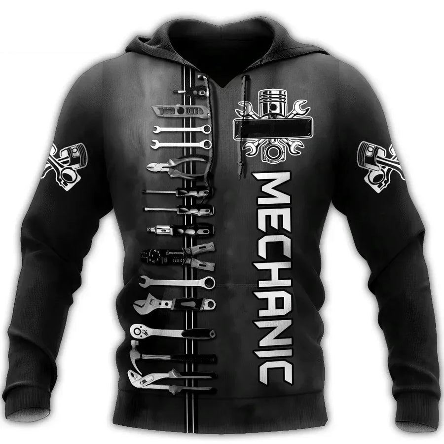 Kapuzenpullover Herren Hoodie Mechaniker-Design Motor Kolben Werkzeug Schwarz Grau