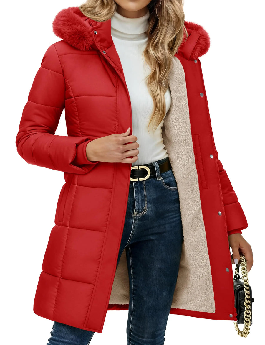 Damen Winter Steppjacke lang gefüttert mit Kapuze und Fellimitat in Weiß