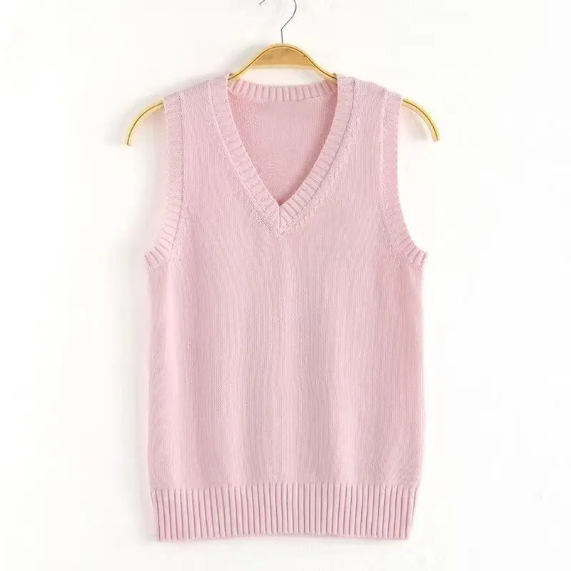 Unisex gebreid vest met V-hals - effen, zonder mouwen, met geribde zoom