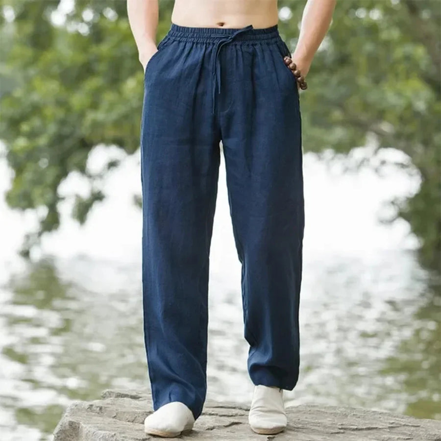Unisex Leinenhose mit Gummibund & Kordelzug, beige, weites Bein, lockere Passform