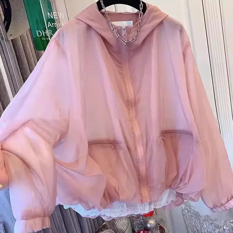 Leichte Kapuzenjacke Netzfutter Pink Transparent Reißverschluss