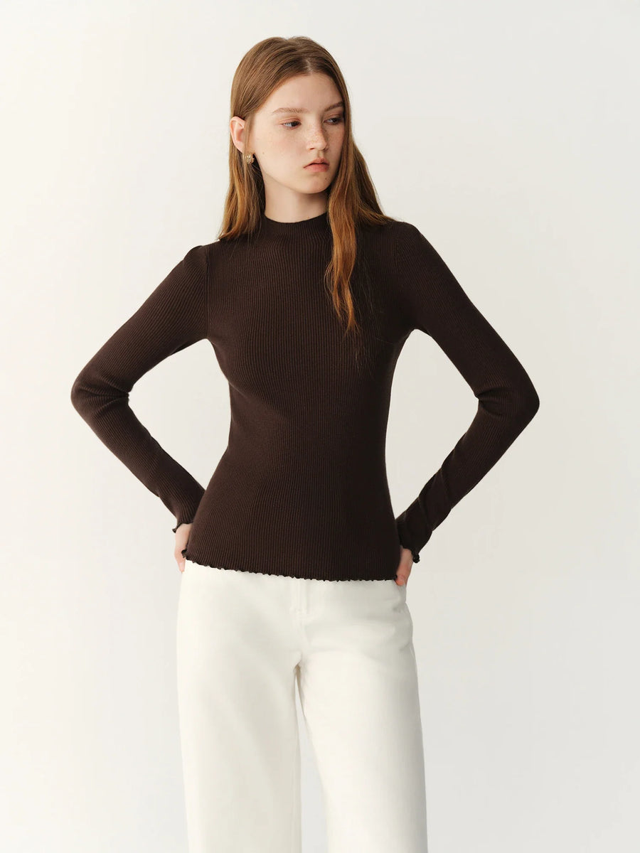 Geribd dames shirt met col en lange mouwen, met golvende boorden