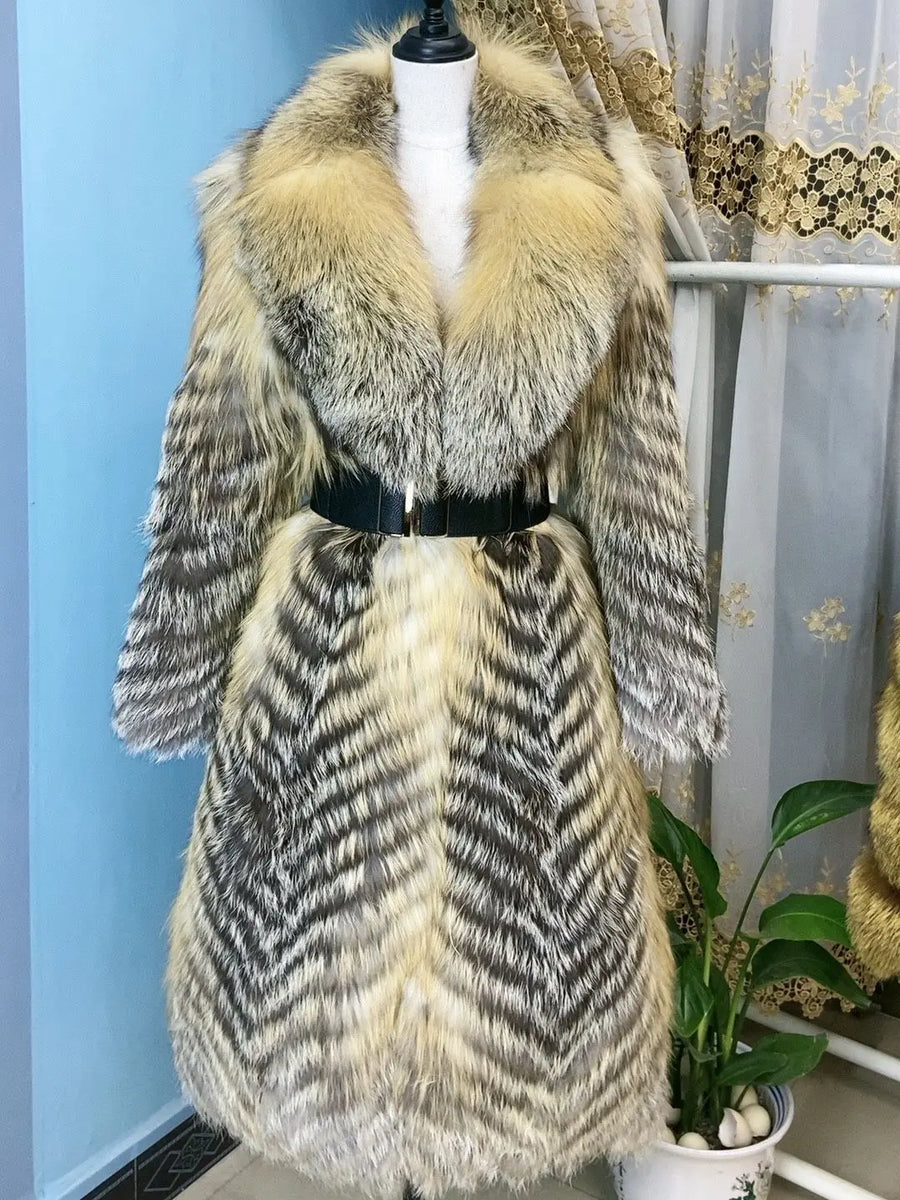 Damen Langer Mantel mit Pelz-Optik im Chevron-Muster