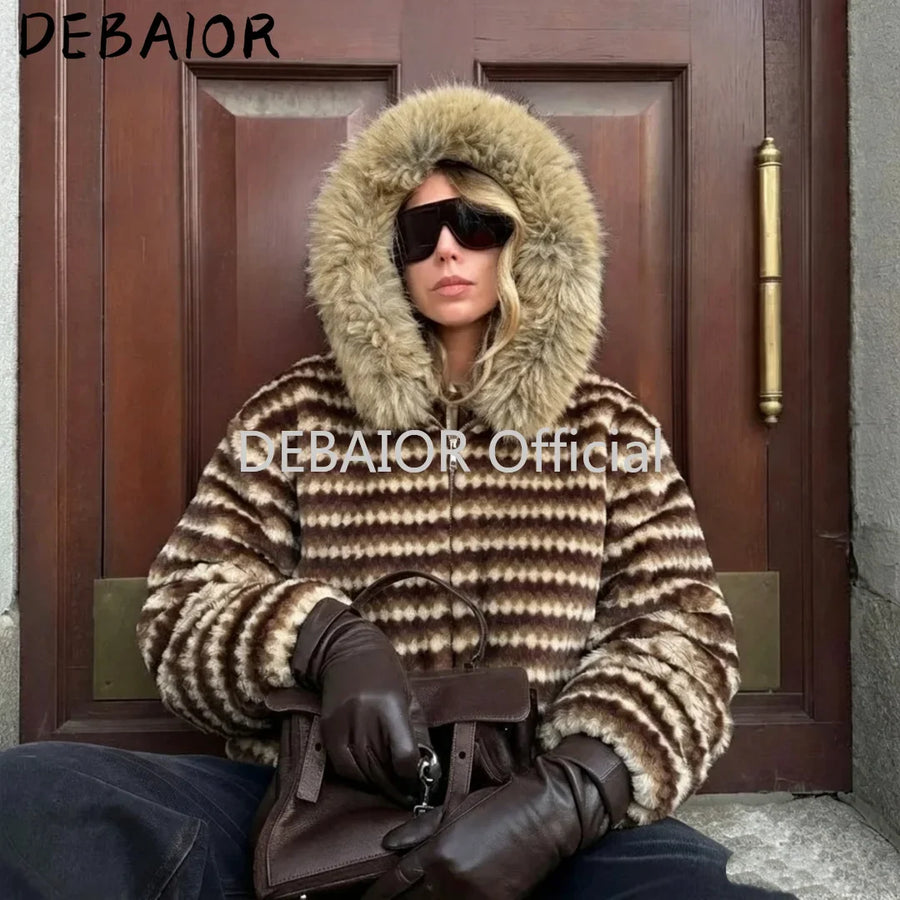 Damen Jacke mit Kapuze, gestreift, Fellimitat, Winterjacke warm