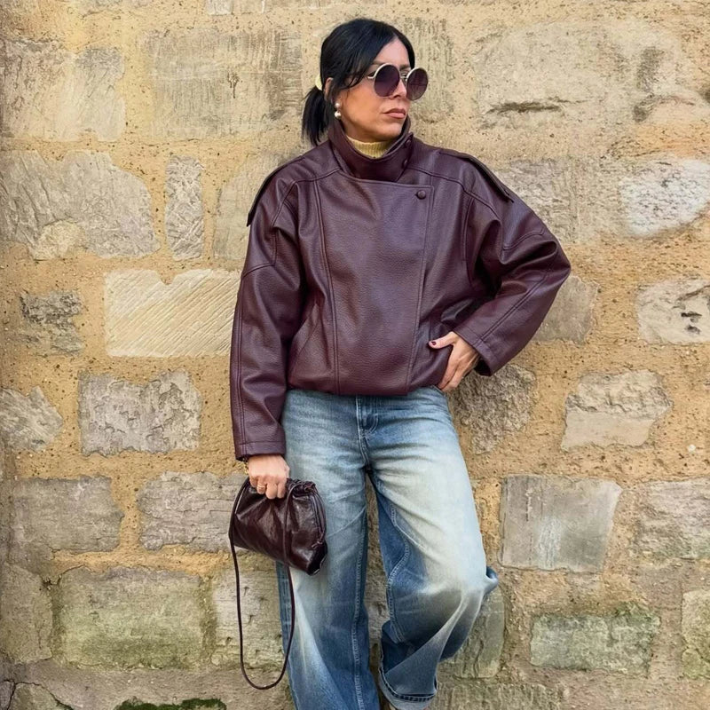 Damen Jacke im Biker-Stil mit Stehkragen und asymmetrischem Reißverschluss