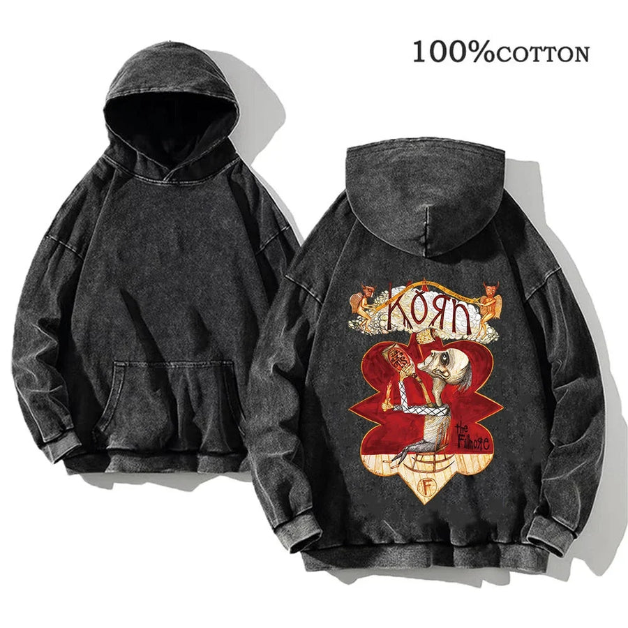 Korn Band Hoodie Unisex Washed Schwarz Kapuzenpullover Oversize