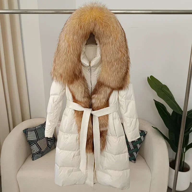 Damen Winter Steppmantel Lang mit Kapuze und Kunstpelzbesatz Gürtel