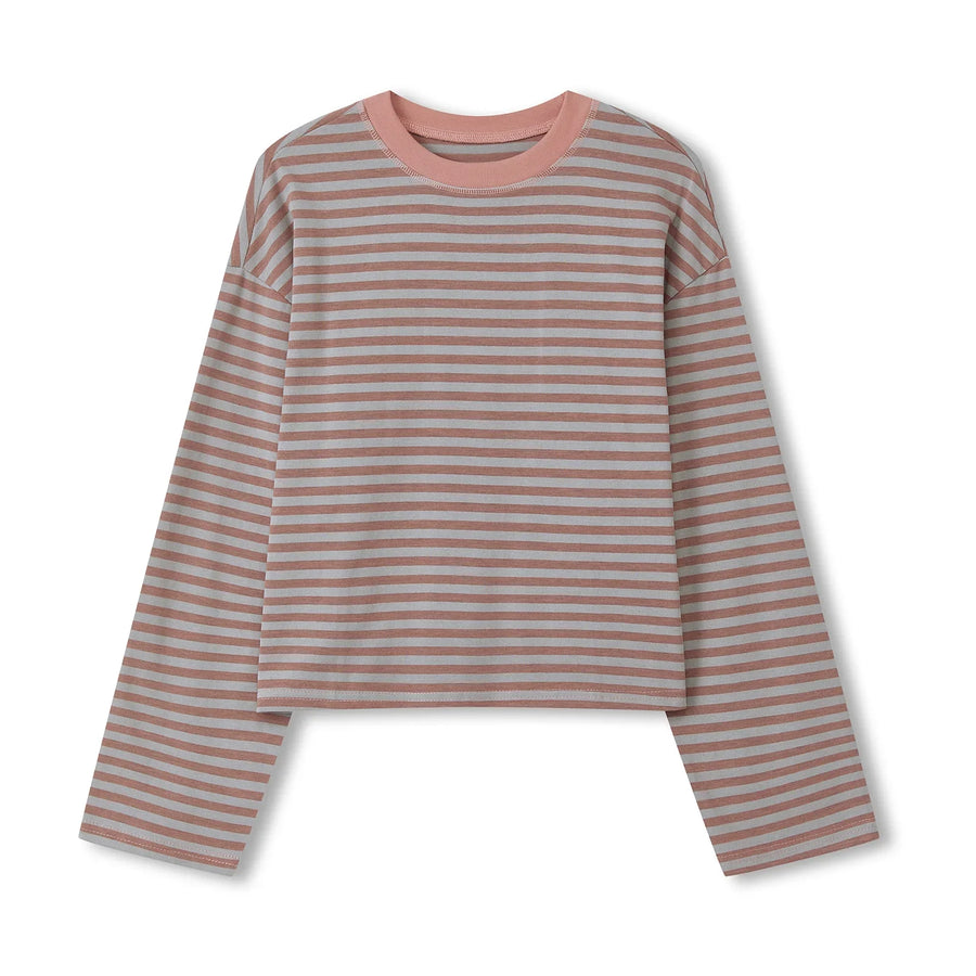 Gestreept dames-shirt met lange mouwen, oversized, ronde hals, casual crop top