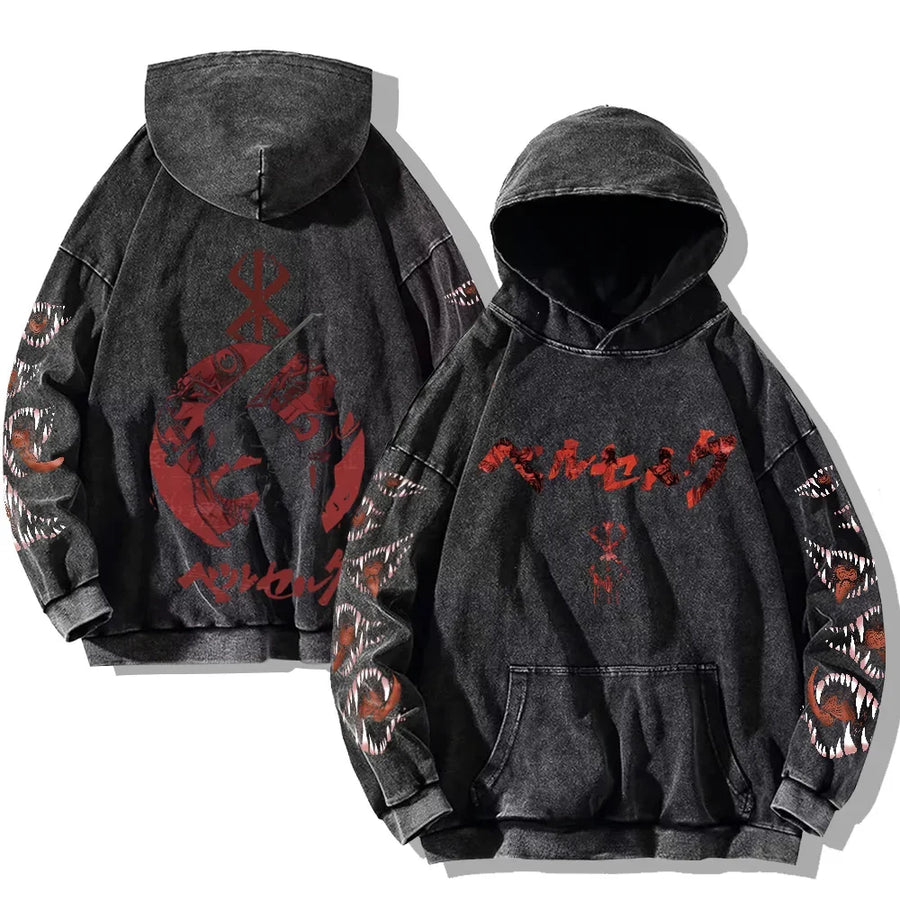 Vintage hoodie met capuchon en kangoeroezak – Berserk-print
