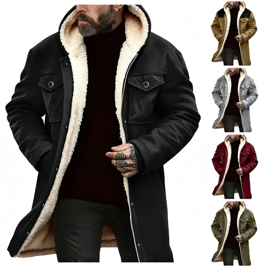 Herren Winterparka mit Kapuze und Teddyfutter, lange Übergangsjacke mit Knopfleiste