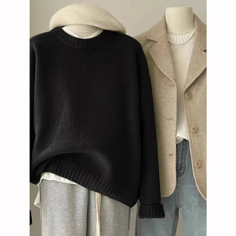 Unisex Rundhals Pullover Grobstrick Oversize Locker Casual Langarm