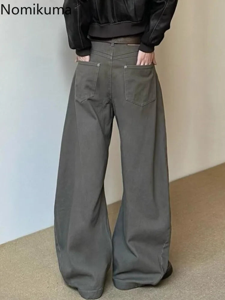 Loose-fit broek met wijde pijpen voor dames, baggy stijl, donkergrijs